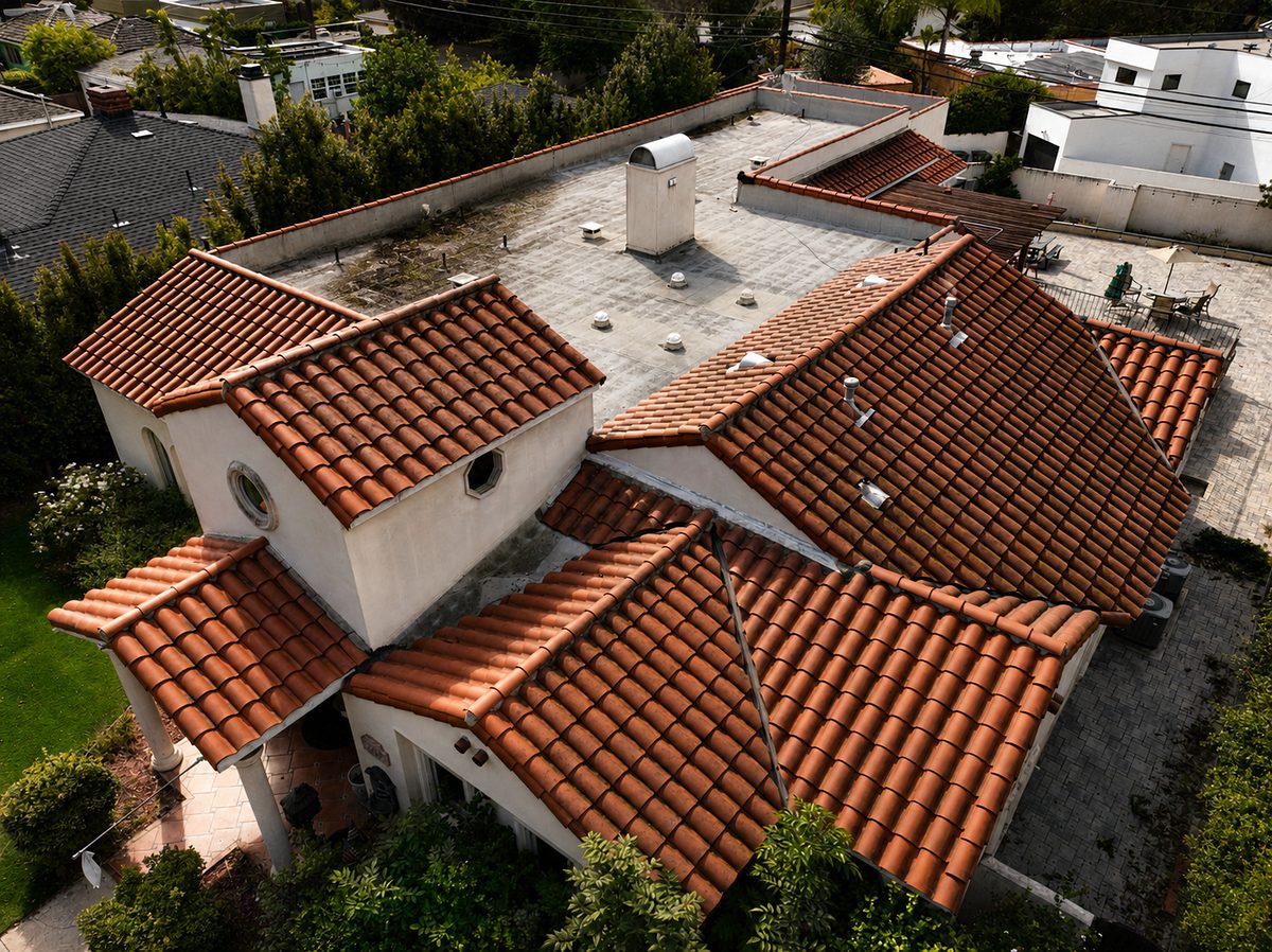 Before: Aged flat and tile roof in Long Beach