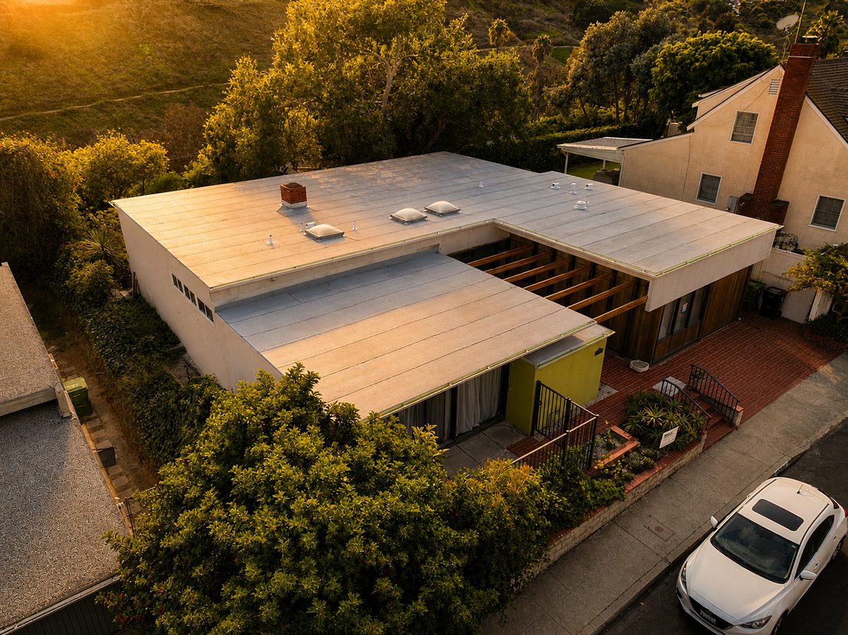 Completed flat roof and gutters in Los Angeles, CA